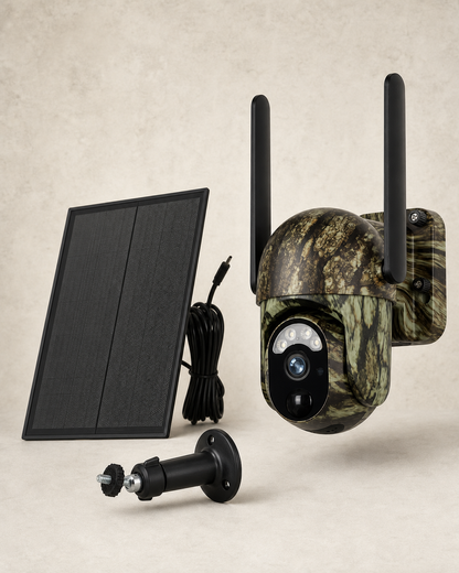 Camouflage RangeGuard solar security camera with two antennas and solar panel