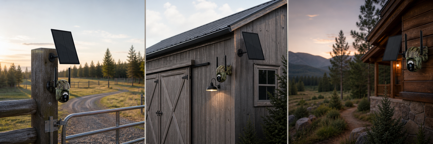 RangeGuard camera at a rural gate, outbuilding, and trail edge