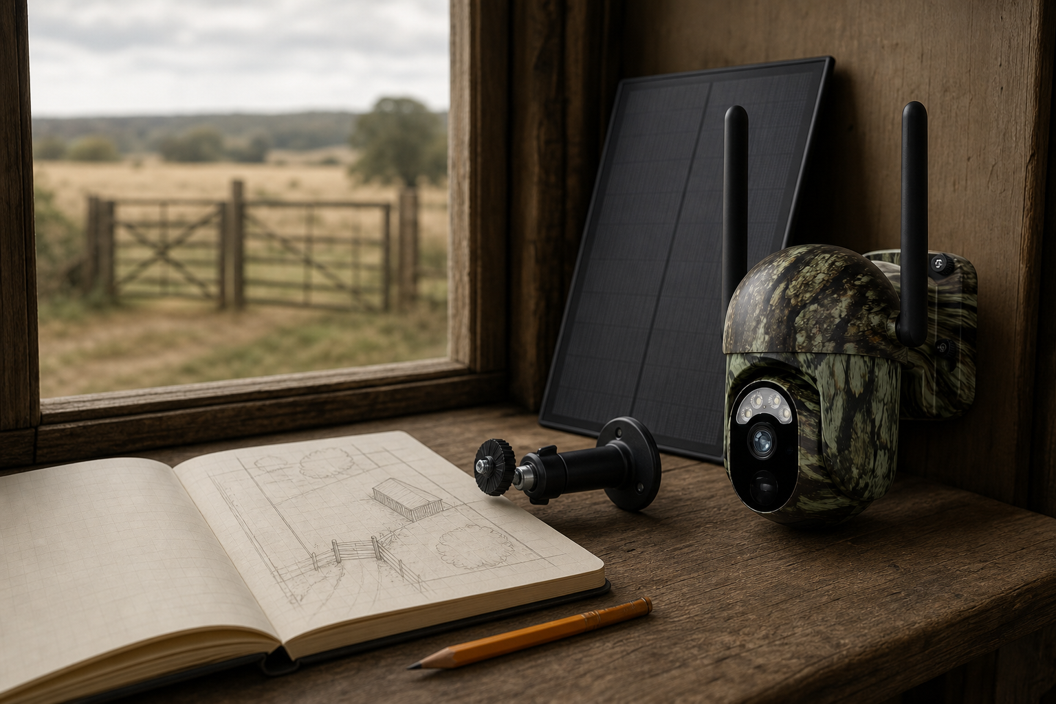 RangeGuard camera beside a field map overlooking a rural gate