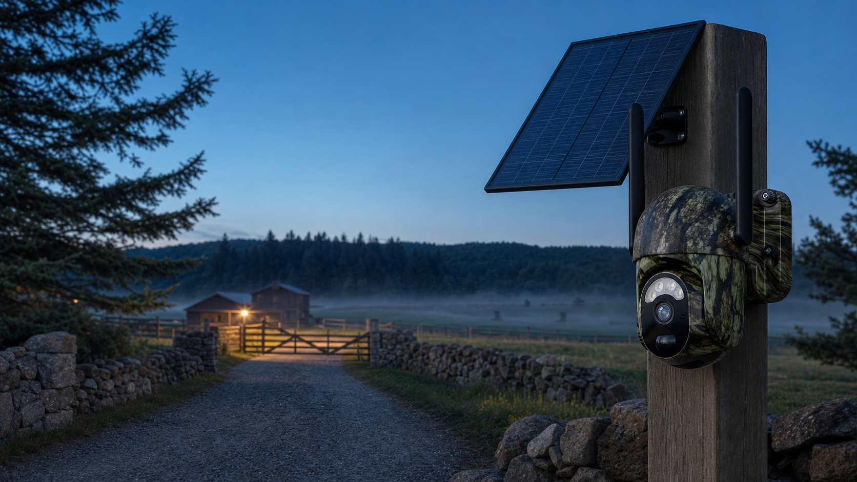 RangeGuard solar camera overlooking a distant rural gate at dusk