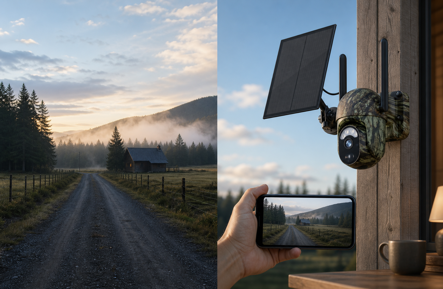 A remote cabin and a phone displaying the camera live view