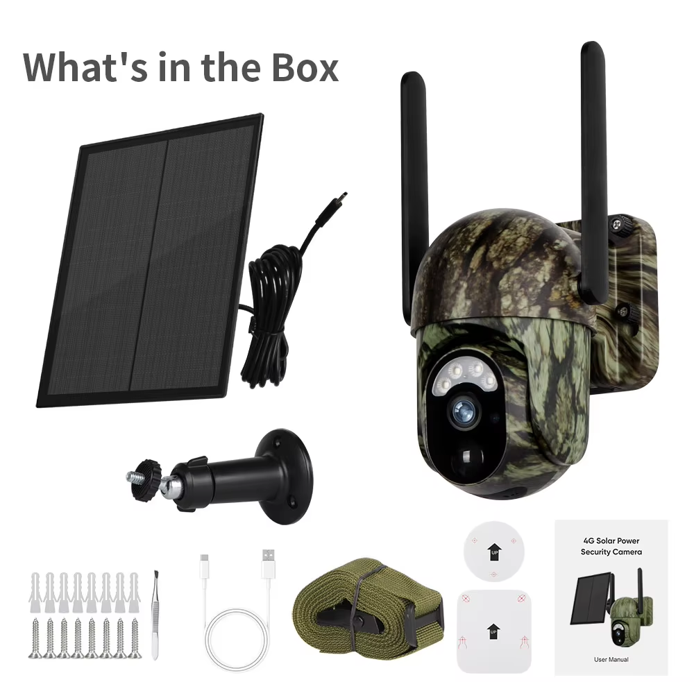 RangeGuard camera, solar panel, bracket, screws, manual, and box contents